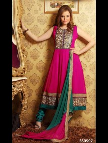 Pink & Green Color Churidar Kameez